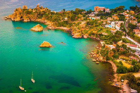 Areal view of Cefalu, Italy. Beautiful photo of sicilian coastline. Colorful travel background.の写真素材