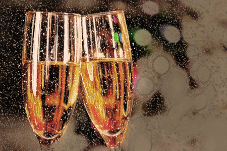 two glasses filled with wine with christmas tree in background. Empty glasses. Holiday illustration, modern painting style textureの写真素材