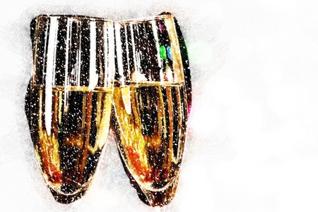 two glasses filled with wine with christmas tree in background. Empty glasses. Holiday illustration, modern painting style textureの写真素材