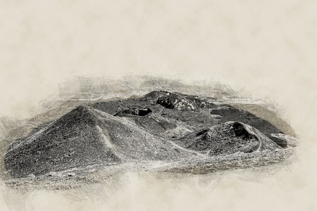 Landscape of Etna volcano, Sicily, Italy. Deserted martian-like surface. Beautiful Travel photography. Modern painting style texture. Travel illustration.の写真素材