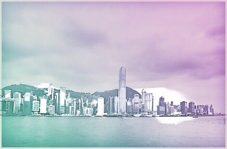 Skyscrapers of Hong Kong in China, Asia. Beautiful travel picture of urban China. Modern painting style texture. Travel illustration.の写真素材