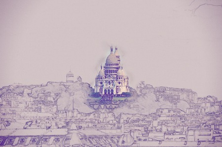 Sacre Coer in cityscape of Paris. Vintage painting, background illustration, beautiful picture, travel textureの写真素材