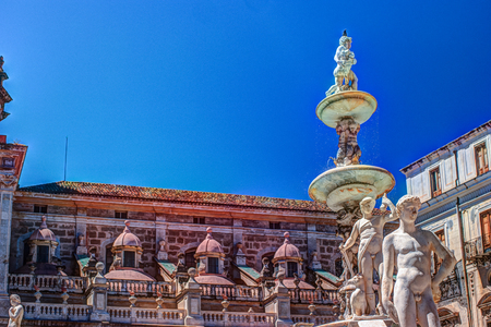 Beautiful sculpture of the famous fountain of shame on baroque Piazza Pretoria, Palermo, Sicily, Italyの写真素材