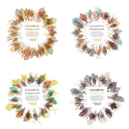 Set of autumnal round frames. Wreaths of autumn leaves. Background with hand drawn autumn leaves. Fall of the leaves.のイラスト素材