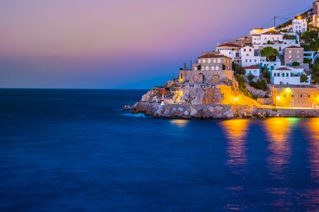 Hydra island on a summer night in Greece. Beautiful landscape with night illumination.の写真素材