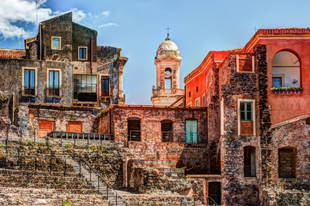 Beautiful view of colorful facades of old houses in Italy. Architectural background.の写真素材