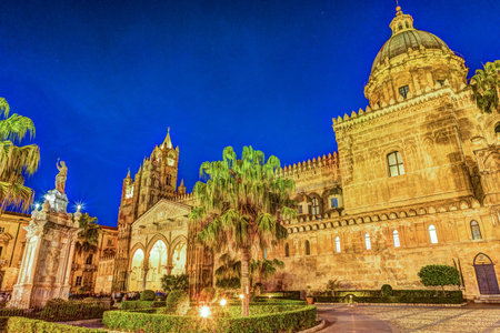 Cathedral of Palermo at night, Sicily, Italyの写真素材