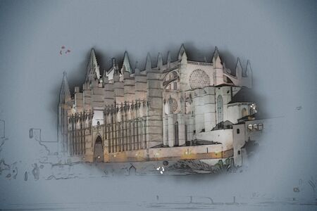 Cathedral of Palma de Mallorca La Seu night view and lake mirrored reflection of night illumination. Mallorca island, Spain. Modern painting, background illustration.の写真素材