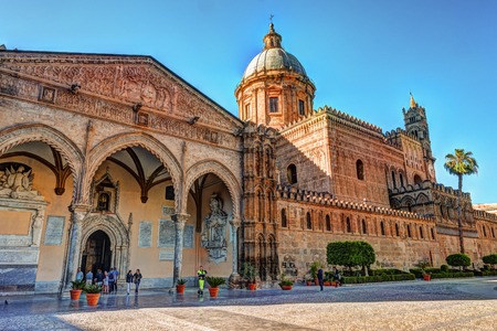 The beautiful cathedral of Palermo, Sicily, in warm sunset lightの写真素材