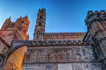 The beautiful cathedral of Palermo, Sicily, in warm sunset lightの写真素材