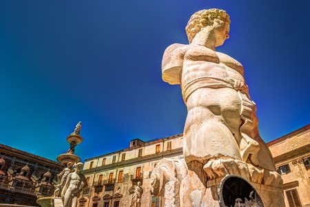 Famous fountain of shame on baroque Piazza Pretoria, Palermo, Sicily, Italyの写真素材