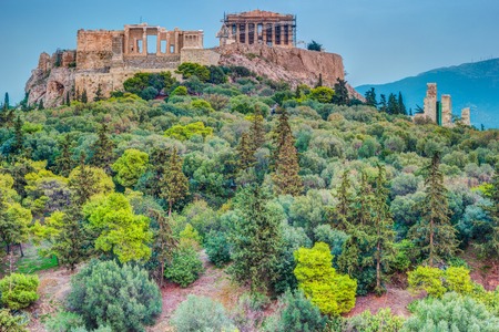 Parthenon and Herodium construction in Acropolis Hill in Athensの写真素材