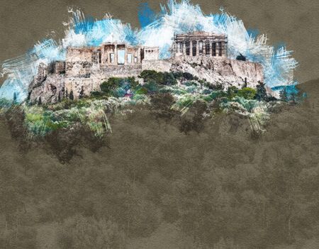 Parthenon and Herodium construction in Acropolis Hill in Athensの写真素材