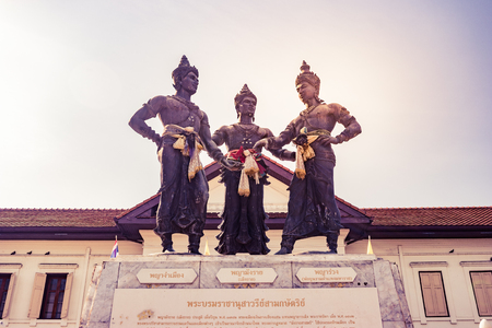 The sculpture of three kings monument in town which is a symbol of Chiang Mai provinceの写真素材