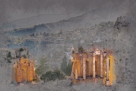 The Ruins of Taormina Theater at Sunset.の写真素材