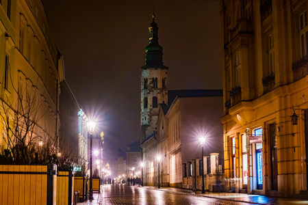 Night street in the Krakow, Poland.の写真素材