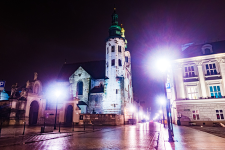Night street in the Krakow, Poland.の写真素材