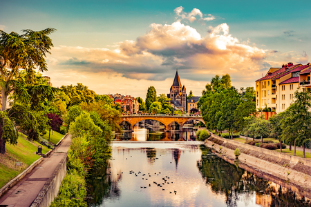 Cityscape with Temple Neuf in Metzの写真素材