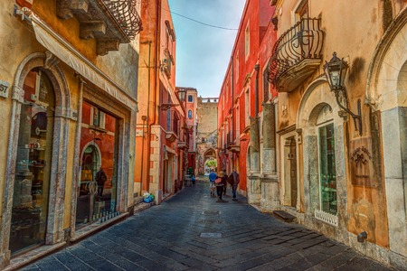 Old street in Taormina, Sicily, Italyの写真素材