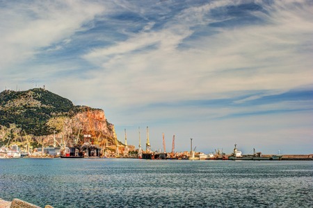 Palermos promenade with the harbor and Mount Pellegrino in the background, Italyの写真素材