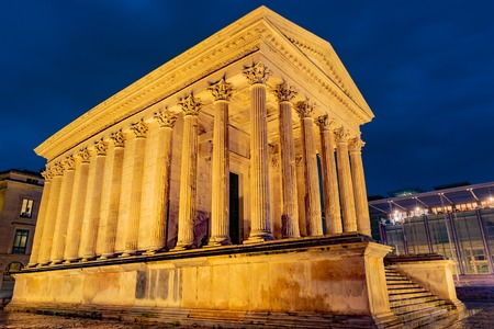 Maison Carree, ancient Roman temple in night lights, Nimes, Franceの写真素材