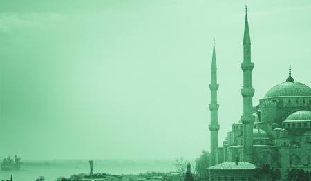Minarets and domes of Blue Mosque with Bosporus and Marmara sea and ships in background, Istanbul, Turkey. Beautiful landscape at sunset.の写真素材