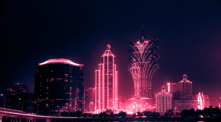 Skyline of Macau city at Nam Van Lake, China. The city maintains the world's highest gambling...