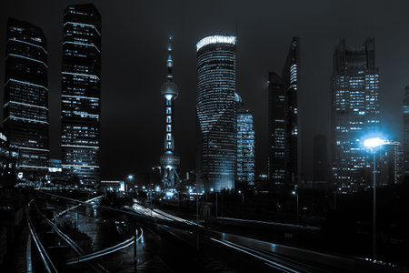 Shanghai Bund Skyline at night. Skyscrapers of Shanghai in night illumination.