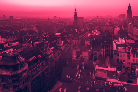 Panorama illuminated old town of Wroclaw at night. Popular travel destination in Poland. High dynamic range.の写真素材