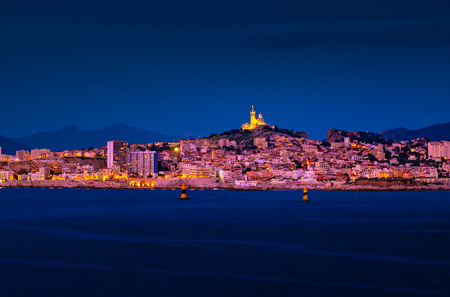 Marseille panorama from Frioul archipelago, Basilique de Notre-Dame de la Garde. Marseille, Provence-Alpes-Cote d'Azur, France.の写真素材