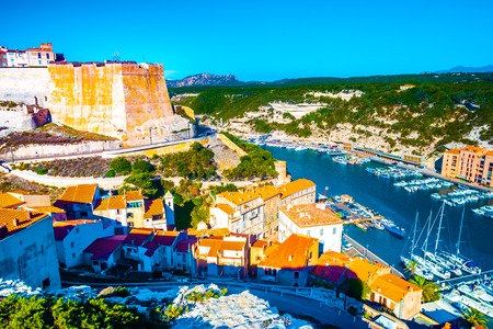 Sunset over the Old Town of Bonifacio, South Coast of Corsica Island, Franceの写真素材