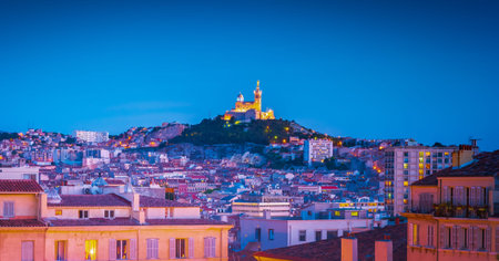Marseille, France. Panoramic cityscape of Marseille with the church Notre-Dame de la Garde, landmark...