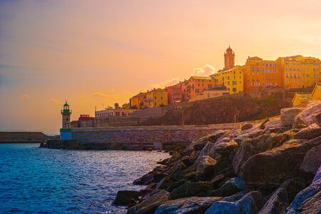 Bastia old city center at sunset, lighthouse and harbour. Bastia is second biggest town on Corsica, France, Europe.の写真素材