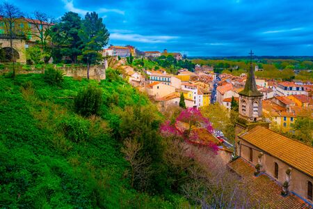 Aerial top view of Beziers town architecture from above, South France.の写真素材