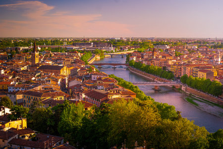 Panoramic view of Verona, Italy with the Santa Anastasia Church and the Lamberti Tower. Beautiful...