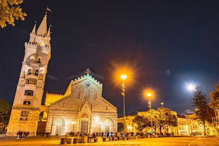 Messina cathedral by night. Sicily. Gorgeous medieval architecture of the Duomo in Messina.の写真素材