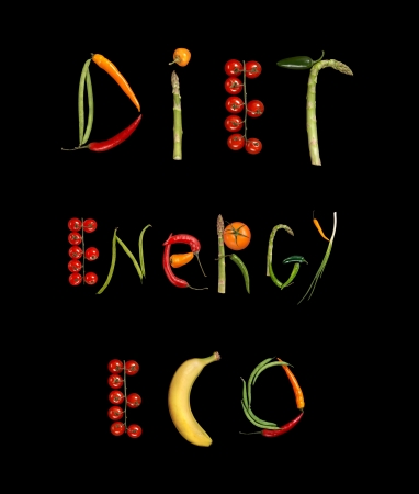 Diet, energy, eco - studio photography of food words - on black backgroundの写真素材