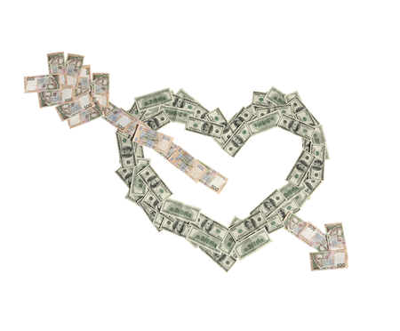 Money heart was broken by arrow of love - studio photography of american moneys of hundred dollar on white backgroundの写真素材