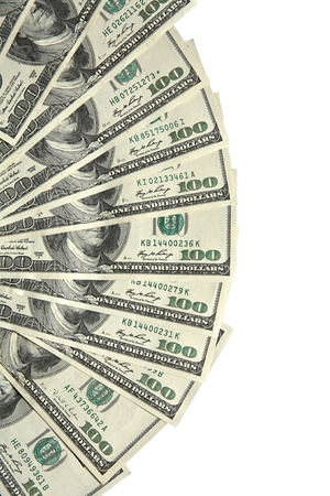 Group dollars in form of fan - studio photography of american national currency of hundred dollar isolated on white backgroundの写真素材