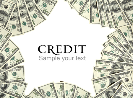 Credit background concept and place for the text - studio photography of american currency of hundred dollar on white backgroundの写真素材