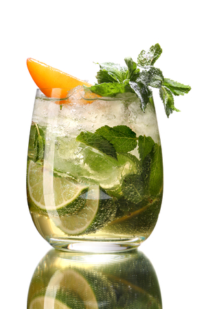 Fresh mint and lime water - studio photography of beverages isolated on white background with reflectionの写真素材