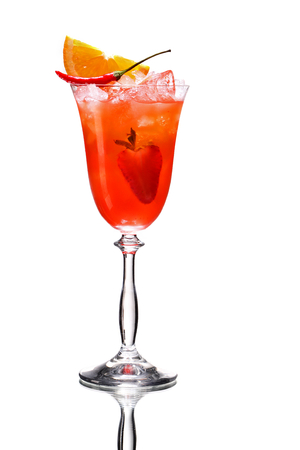 Red strawberry cocktail in a champagne flute - studio photography of beverages isolated on white background with reflectionの写真素材