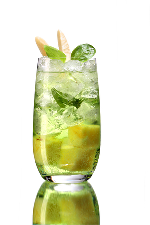 Mojito drink cocktail with ice - studio photography of beverages isolated on white background with reflectionの写真素材