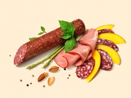 Salami with folded ham slices - studio photo of meat productsの写真素材