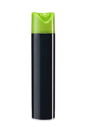Aerosol spray - studio photography of black metal container with green actuator - isolated on white backgroundの写真素材