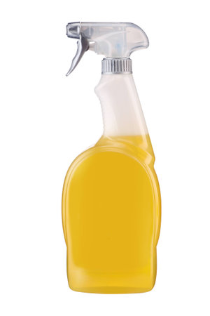 Plastic dispenser with orange cleaning liquid - studio photography of spray multipurpose cleaner - isolated on white backgroundの写真素材