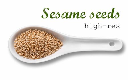 Sesame seeds in a wooden spoon / high resolution product photography of seed in white porcelain spoon over white background with place for your textの写真素材