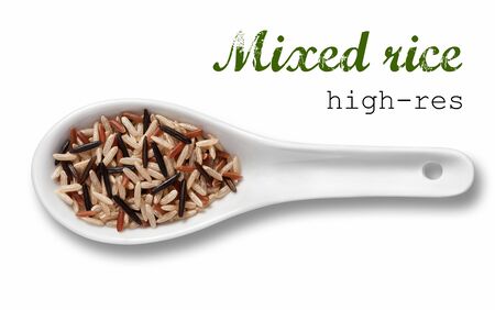 Assorted rice mix in white porcelain spoon / high resolution product photography of seed in white porcelain spoon over white background with place for your textの写真素材