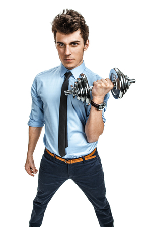 Strong businessman holding a dumbbell  photos of young man wearing shirt and tie over white backgroundの写真素材