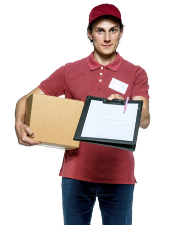Smiling delivery man holding a paper box and requests to subscribe courier on white background.